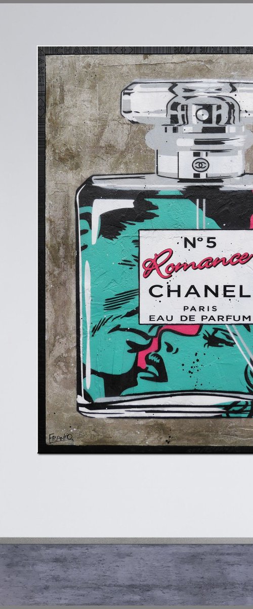 Chanel Fluro Romance 120cm x 150cm Chanel Perfume Bottle Concrete Urban Pop Art With Etched Frame by Franko