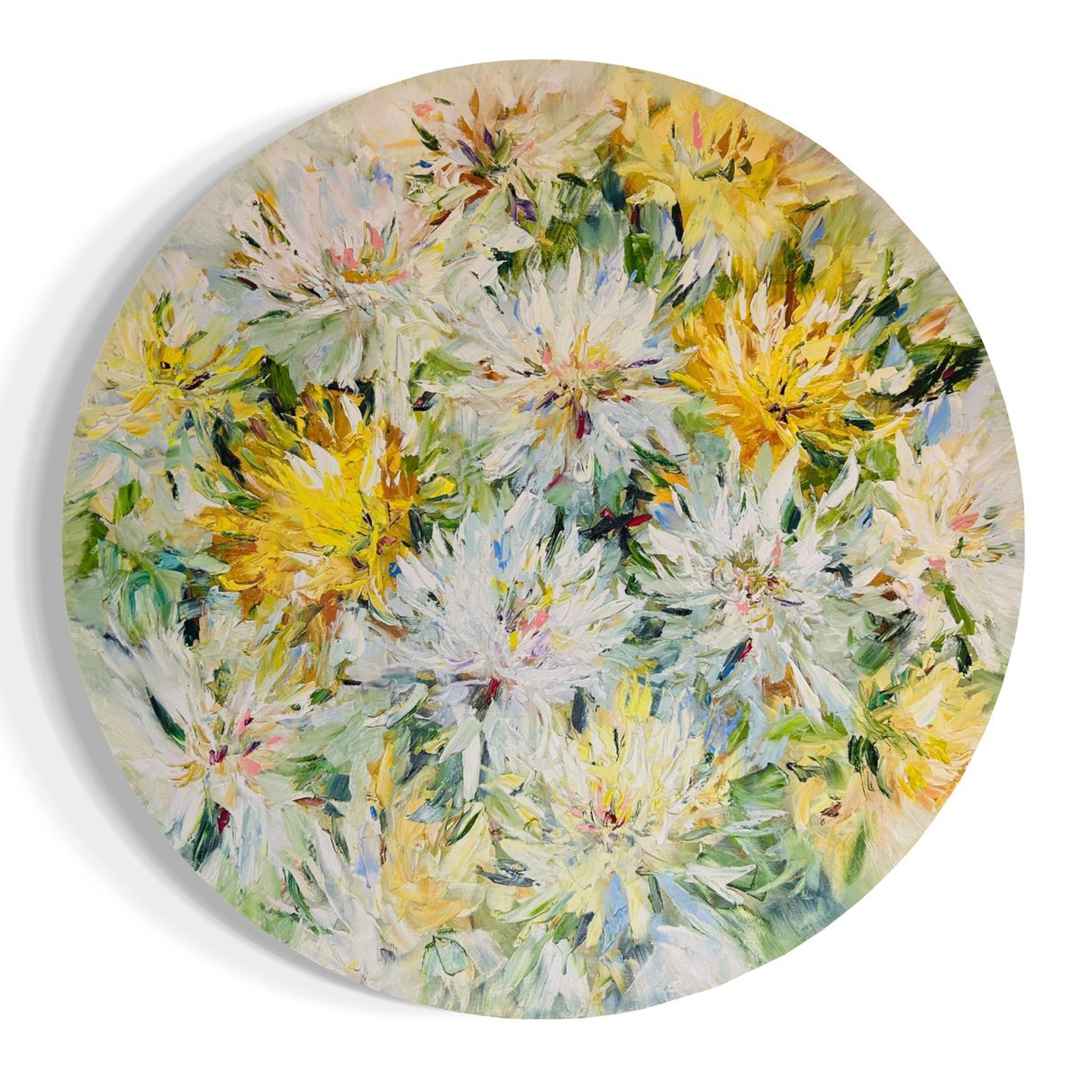 Impressionistic Botanical Oil Painting By Olga Beketova, 35 X 35", Dance Of Chrysanthemums, Original Artwork