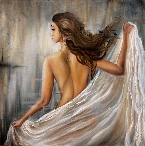 Madonna veil, veil painting, painting of a girl, girl's back, girl with long hair, painting of birds, metaphorical painting, painting about personal boundaries by Natalie Demina