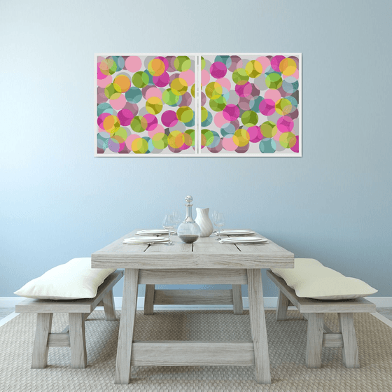 Abstract multicolored bright circles pink gray green turquoise- Diptych #1 & #2