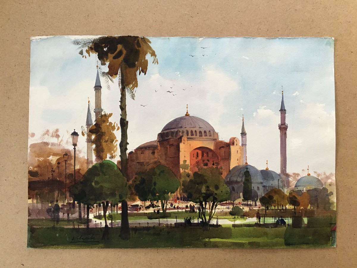 Hagia Sophia of Istanbul cityscape original watercolor Watercolour by  Andrii Kovalyk | Artfinder