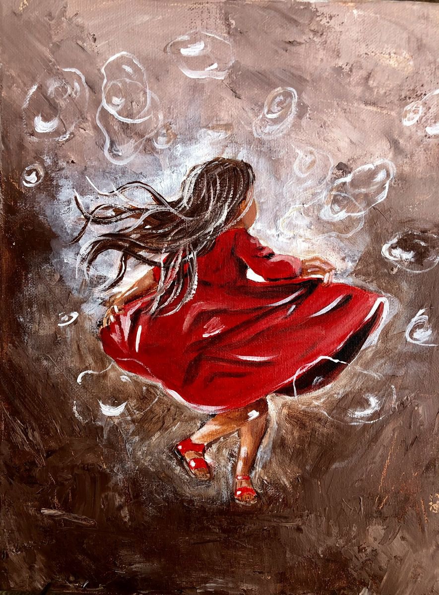Impressionistic Portrait Acrylic Painting By Inna Montano, 11 X 14, Girl In A Red Dress, Original Artwork