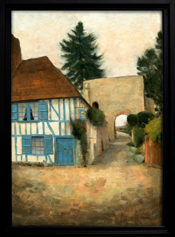GERBEROY VILLAGE OF PAINTERS AND ROSES. THE OLD TIMBER FRAMED HOUSE PAINTING Framed