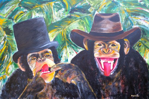 Cheeky Monkeys, Original painting, Ready to hang by WanidaEm by WanidaEm