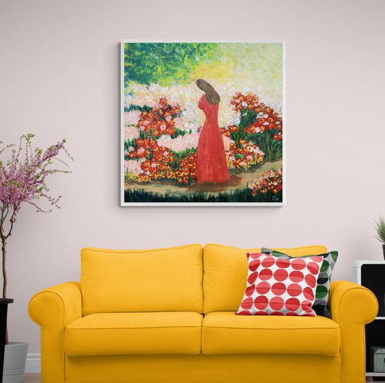 Silhouette of a girl in a rose garden. Original painting on canvas