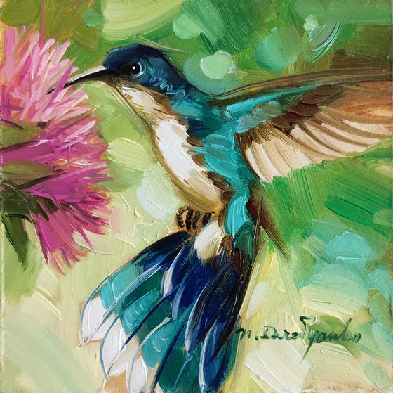 Hummingbird art painting 4x4 in blue frame, Bird original painting framed wall art, Mothers day gift from daughter