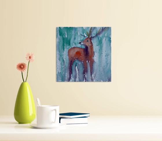 Christmas Deer Watercolor Painting, Snowy Original Artwork, Winter Wall Art, Cozy Hygge Home Decor, Christmas Gifts, Nursery Decor