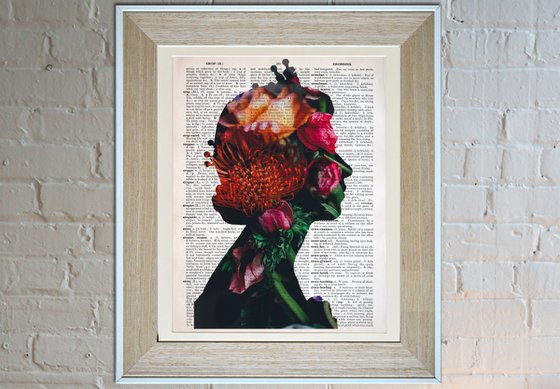 Queen Elizabeth II - Flowers 4 - Collage Art on Large Real English Dictionary Vintage Book Page