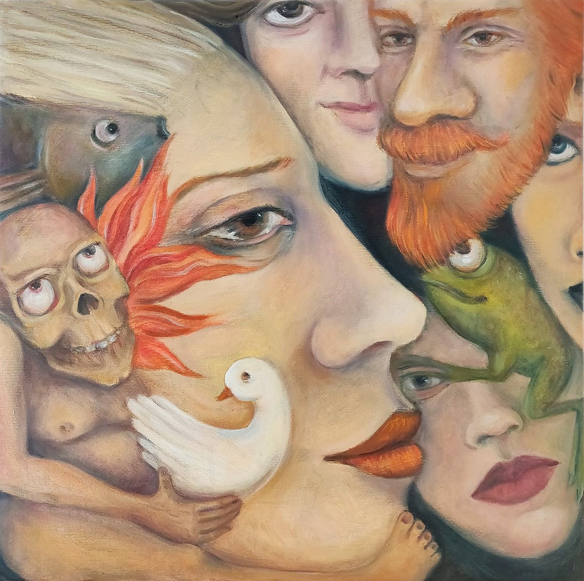 Surrealistic Portrait Oil Painting By Vio Valova, 16 X 16", Besides, Original Artwork