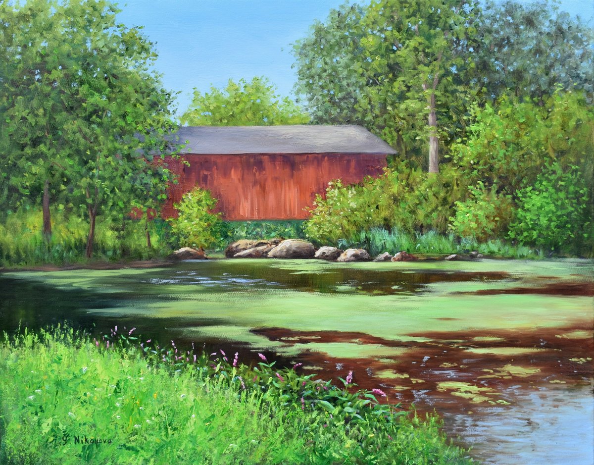 Impressionistic Landscape Oil Painting By Yulia Nikonova, 28 X 22", Covered Bridge, Original Artwork