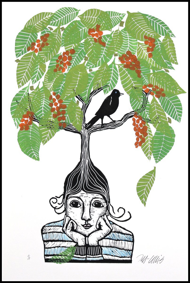 Portrait Linocut By Mariann Johansen-Ellis, 14 X 22", Thinking..., Original Artwork