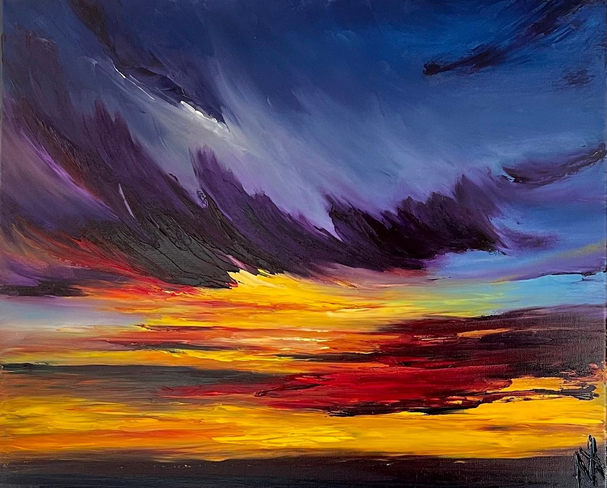 Expressive Landscape Oil Painting By Anastasiia Novitskaya, 24 X 20, Burning Sky, Original Artwork