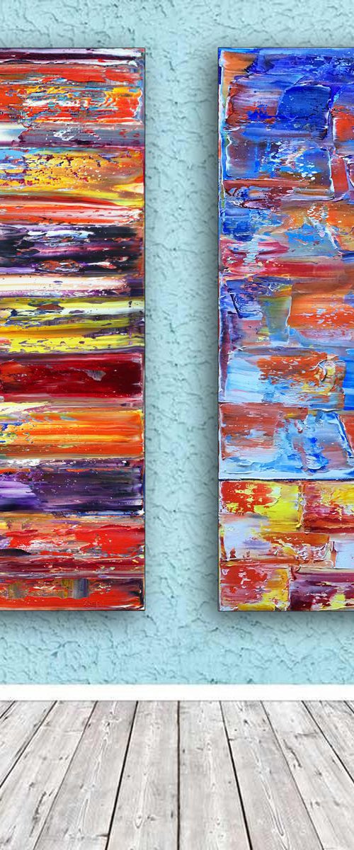 "Fire And Ice" - Save As Series - Original Extra Large PMS Abstract Diptych Oil Paintings On Canvas - 48" x 48" by Preston M. Smith (PMS)