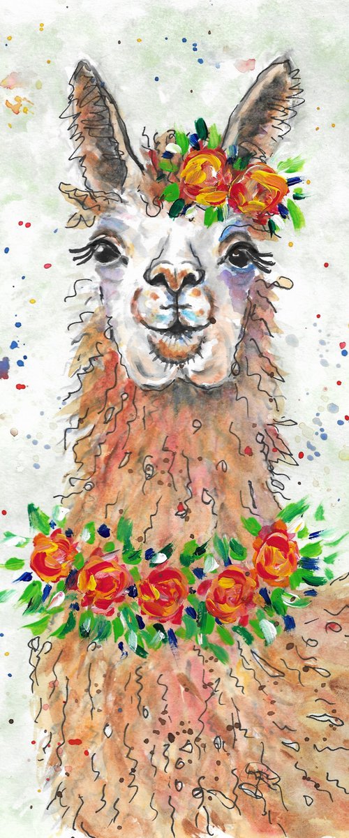 Cute Alpaca with flowers by MARJANSART