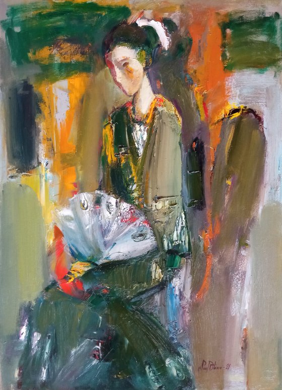 The girl with a fan (50x70cm, oil/canvas, abstract portrait)
