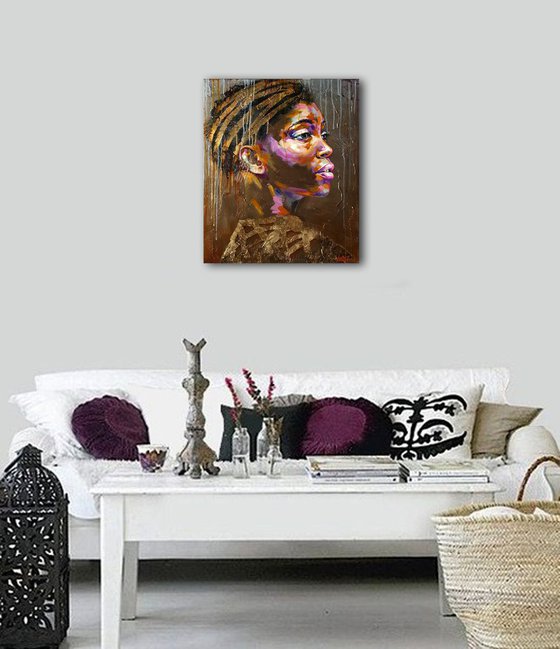 Portrait african woman - Gold of africa - Painting oil original