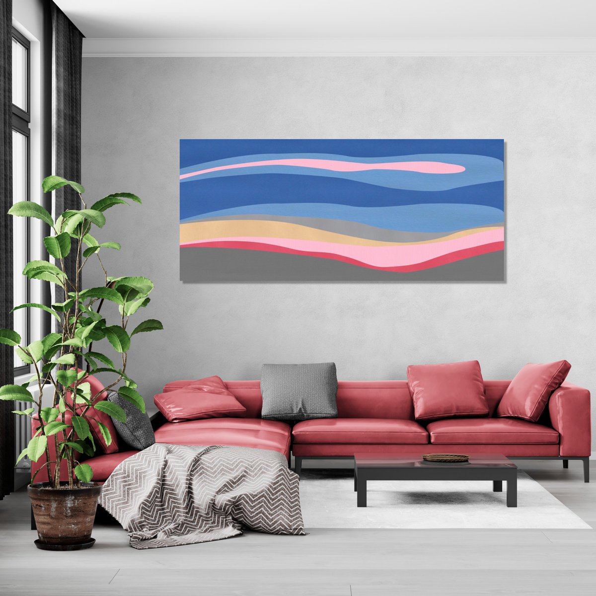Abstract Landscape Acrylic Painting By Marina Krylova, 63 X 28", Mystic Landscape #07, Original Artwork