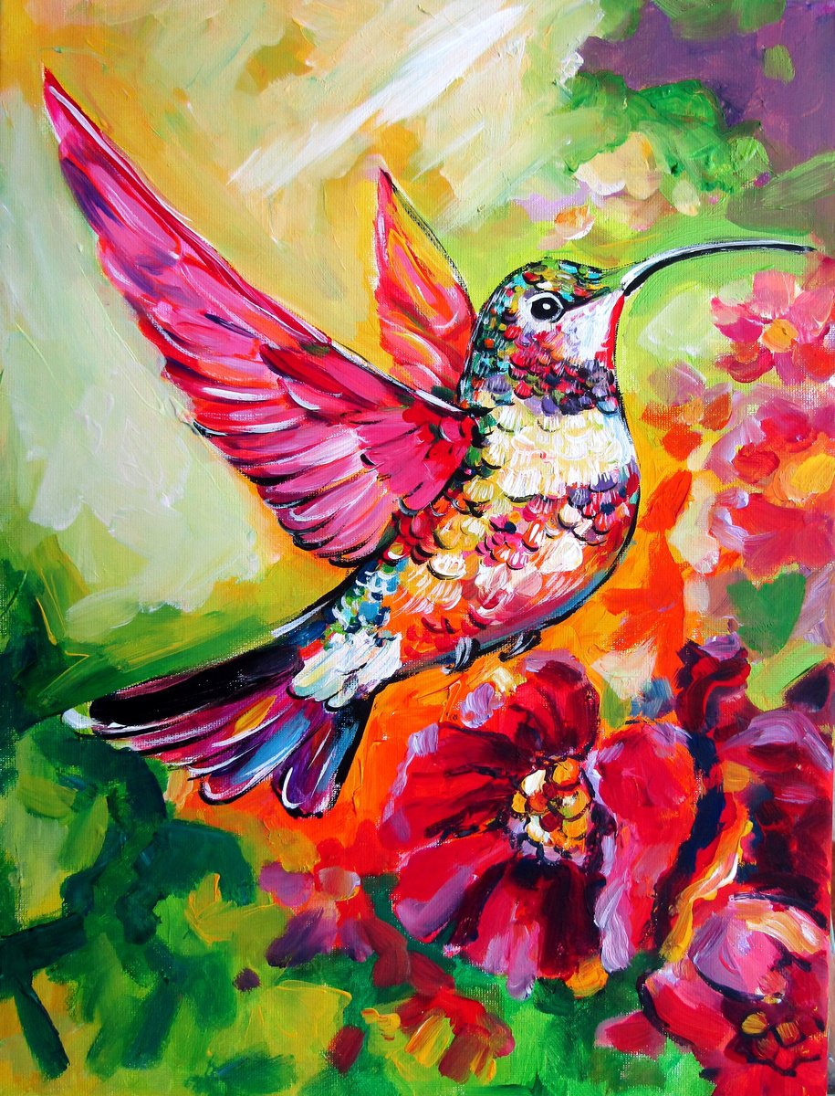 Impressionistic Animal Acrylic Painting By Kovacs Anna Brigitta, 12 X 16", Hummingbird, Original Artwork
