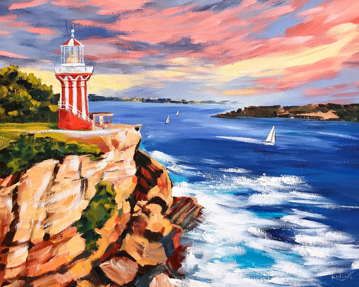 Impressionistic Landscape Acrylic Painting By Irina Redine, 20 X 16, Hornby Lighthouse, Sydney, Original Artwork