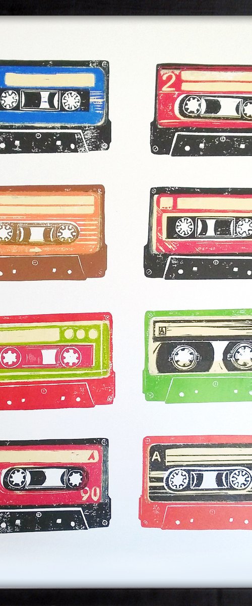 Linocut tapes #41 - framed and ready to hang (cassette tapes, retro music, 70's, 80's rock culture) by Carolynne Coulson