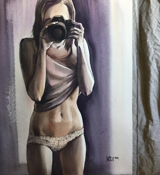 Girl with a camera. Female monochrome portrait.