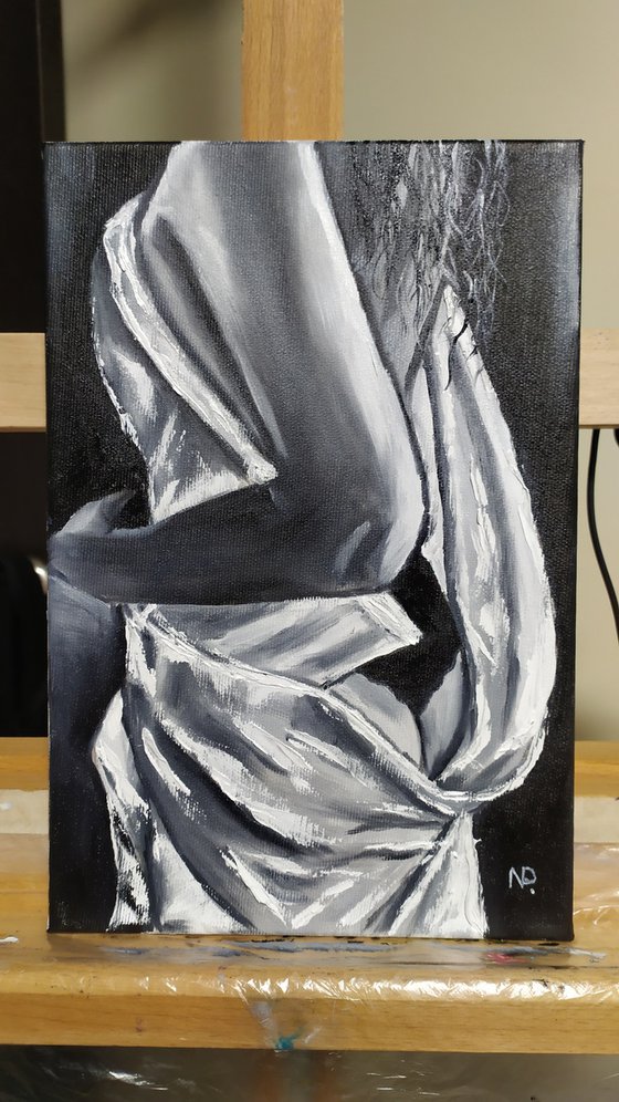 Attraction, nude erotic girl , black and white oil painting, art for home