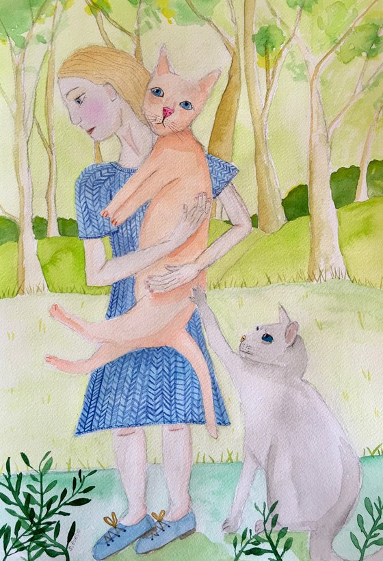Cat Lady - pastel colour watercolour  - woman girl animals animal lover