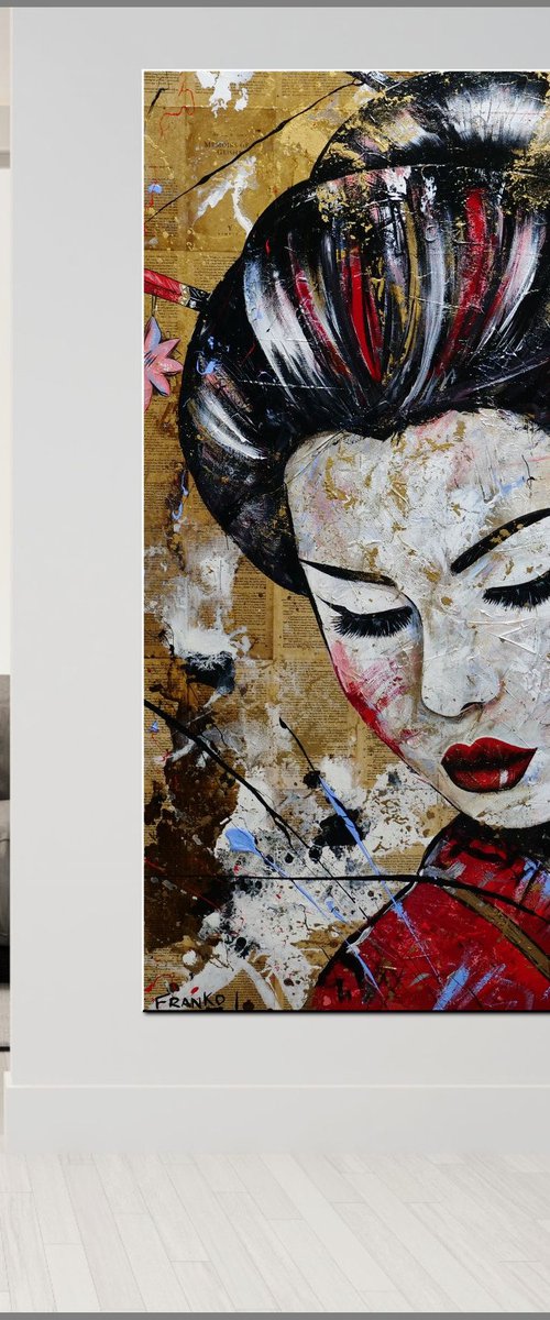 Sakura Blue 140cm x 100cm Geisha Book Page Textured Abstract Realism Art by Franko