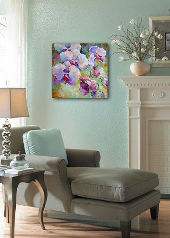 Original oil painting flowers, blooming flower, Orchid, impasto, palette knife