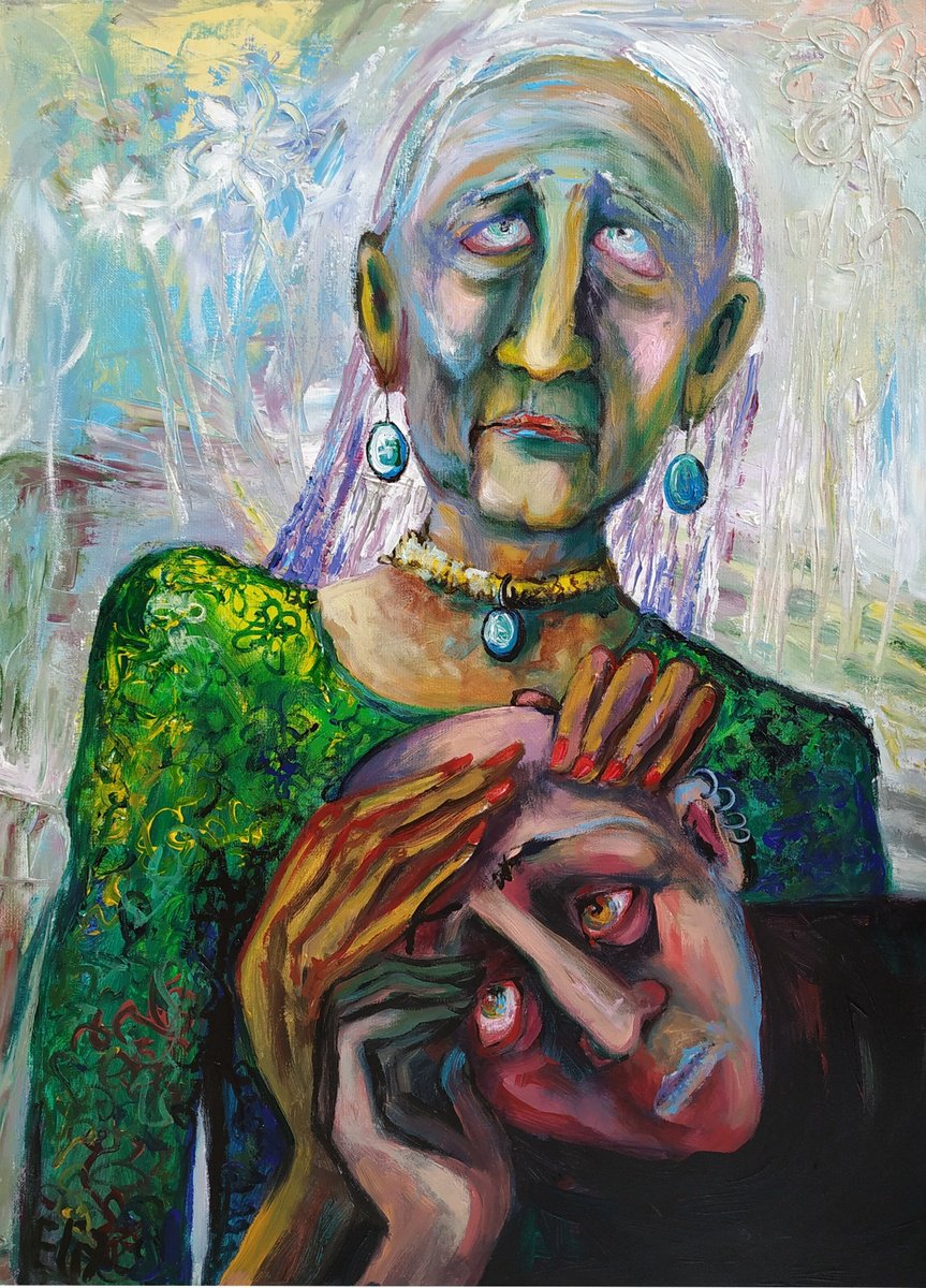 Expressive Portrait Acrylic Painting By Elisheva Nesis, 20 X 28, Daughter-Mother, Original Artwork