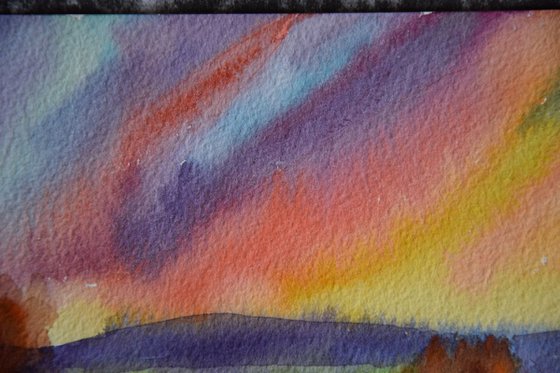 Sunset autumn mountains and fields Small watercolor painting