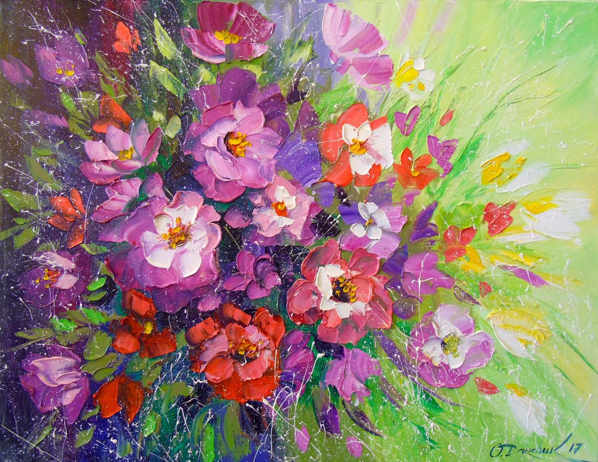 Impressionistic Botanical Oil Painting By Olha Darchuk, 18 X 14", Bouquet Of Flowers, Original Artwork