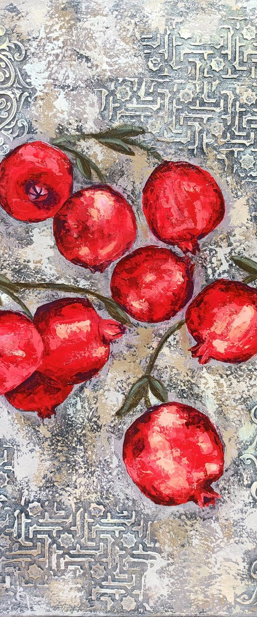 Pomegranates with textured background by Hasmik Mamikonyan