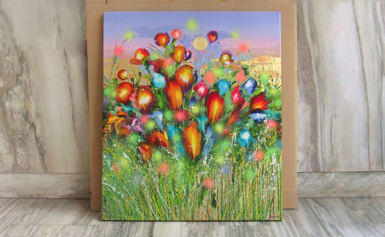 40" Summer flowers at sunset Large Painting