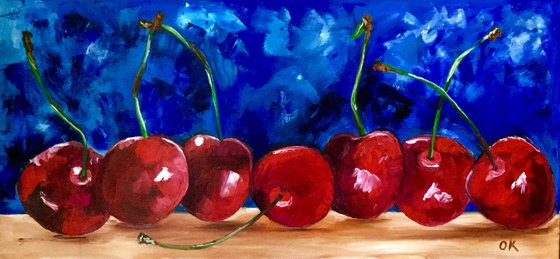 Sweet Cherries. Still life. Ultramarine blue and variations of red colors palette knife oil painting