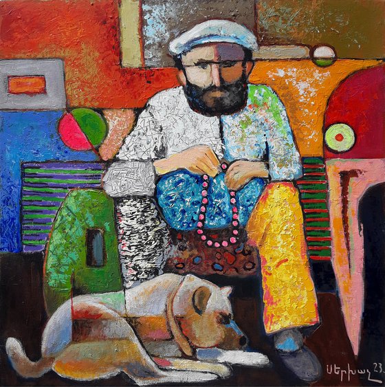 The peasant and the dog (50X50cm, oil painting, ready to hang)