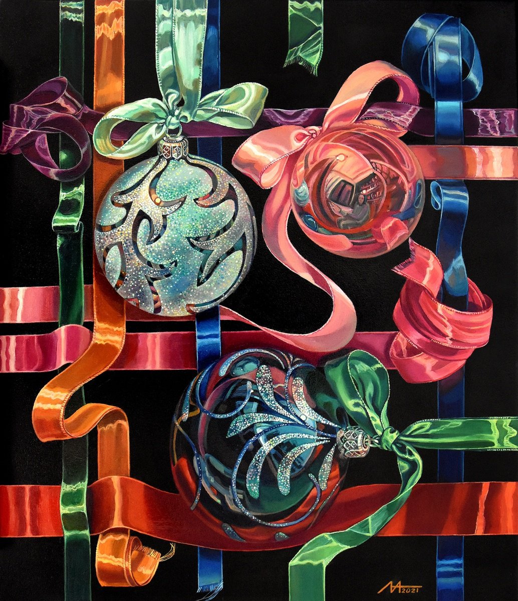 Photorealistic Still Life Oil Painting By Alona Lesnichenko, 24 X 28, Holiday Ribbon Dance, Original Artwork