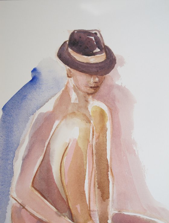 Seated female nude with hat