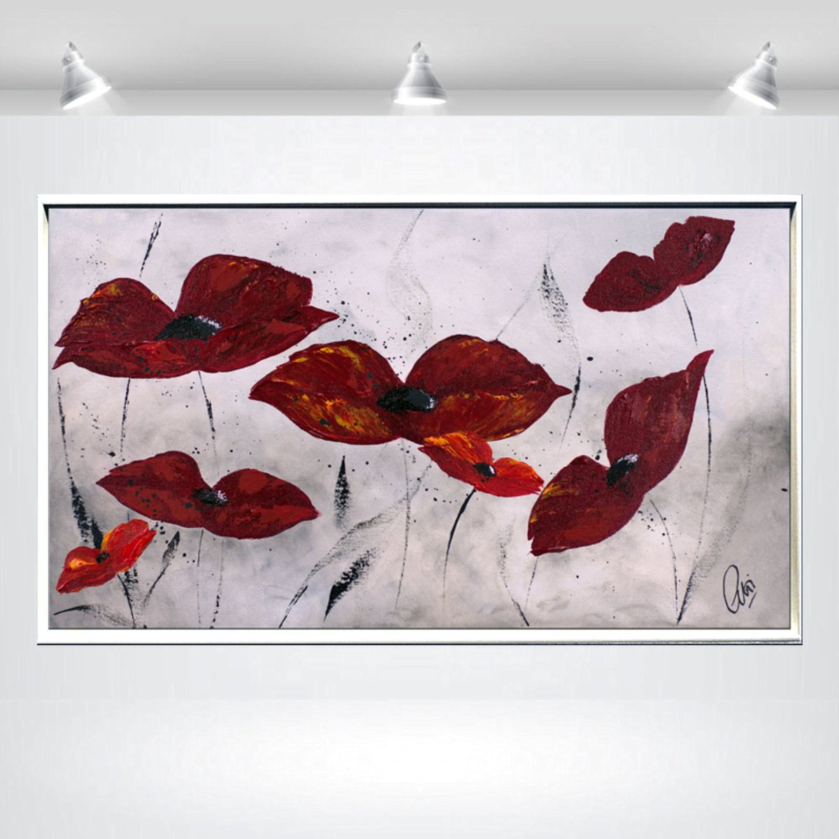 Abstract Botanical Acrylic Painting By Edelgard Schroer, 29 X 17, Poppy Love, Original Artwork