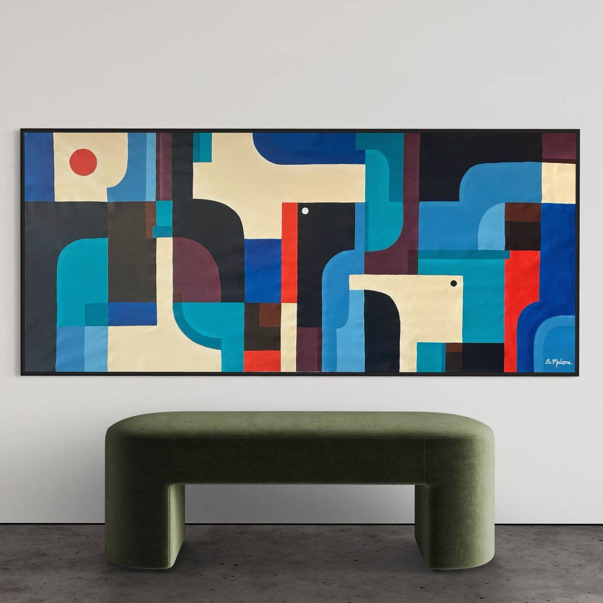 Geometric Abstract Acrylic Painting By Samantha Malone, 79 X 35", Geometric Landscape, Original Artwork