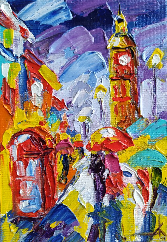 With love from London - small painting, cityscape, postcard, city, gift idea, gift, oil painting,Big Ben, London, United Kingdom