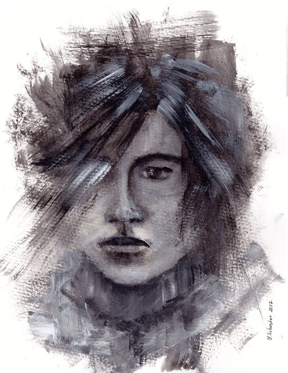 Expressive Portrait Acrylic Painting By Yulia Schuster, 9 X 13", Someone