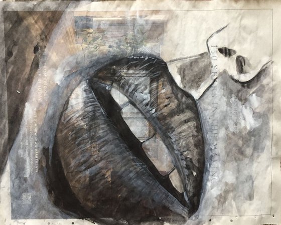 Lips Study IV Woman Lips Portrait Big Lips Beautiful Original Artwork Realistic Lips Black and White Art For Sale Buy Art Now Free Delivery 37x29cm Newspaper Painting