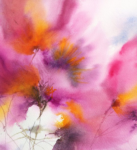 Purple abstract watercolor floral painting Fuchsia