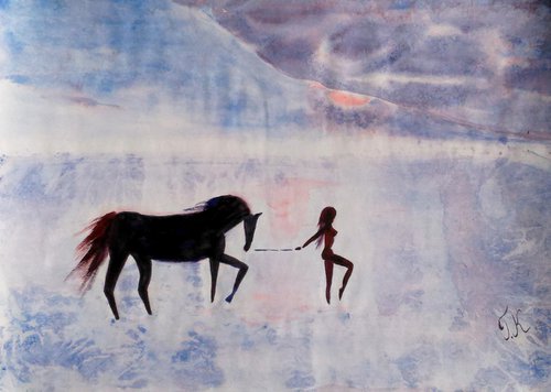 Woman Painting Horse Original Art Shore Watercolor Walk Artwork Beach Stroll 24 by 17" by Halyna Kirichenko by Halyna Kirichenko