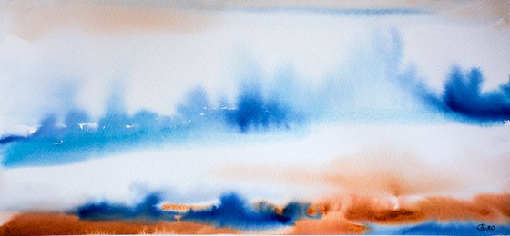 Abstraction landscape. Blue and orange. Cold and warm. Interior gallery wall white watercolor acuarelle organic gift idea medium size