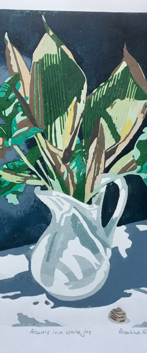 Arums in a white jug by Rosalind Forster