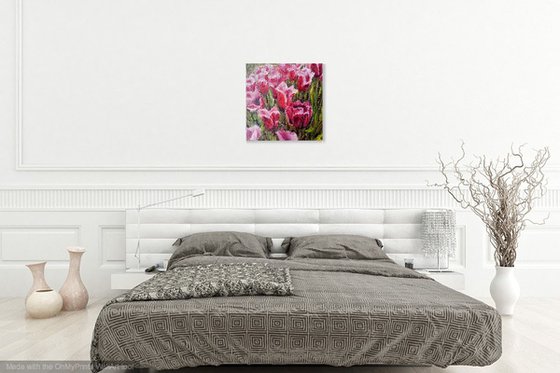 Tulips.  --- (Floral gift idea, bright spring home decor, oil original painting square canvas 40x40cm)