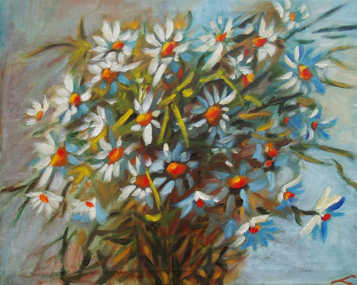 Impressionistic Botanical Oil Painting By Elena Sokolova, 20 X 16, Daisies, Original Artwork