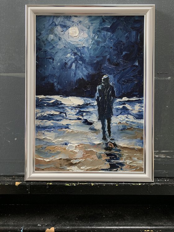 Moonlight stroll. Man figure